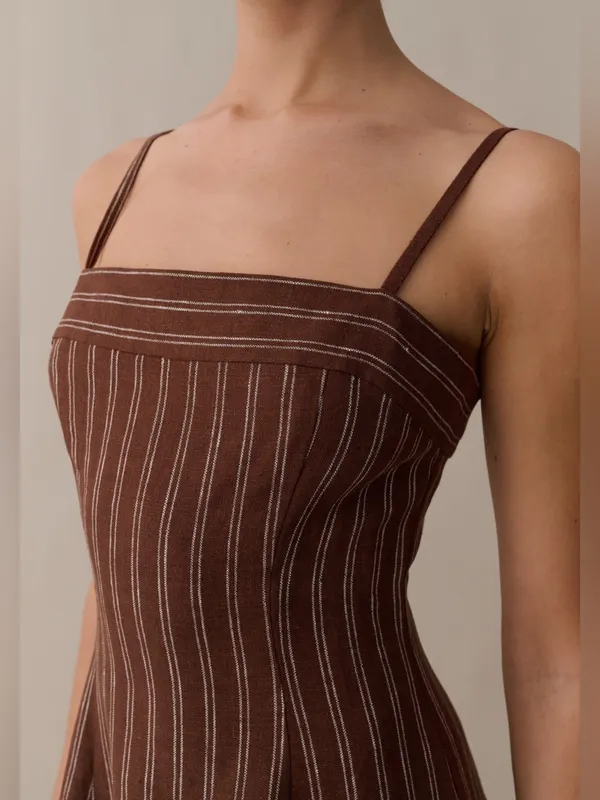 NWT o.p.t Gizele Linen Dress size Small S brown white stripe midi few moda - Image 3