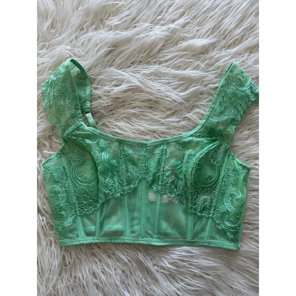 Victoria’s Secret Boho Floral Embroidery Cap Sleeve Corset Top Clueless Green M - Image 5