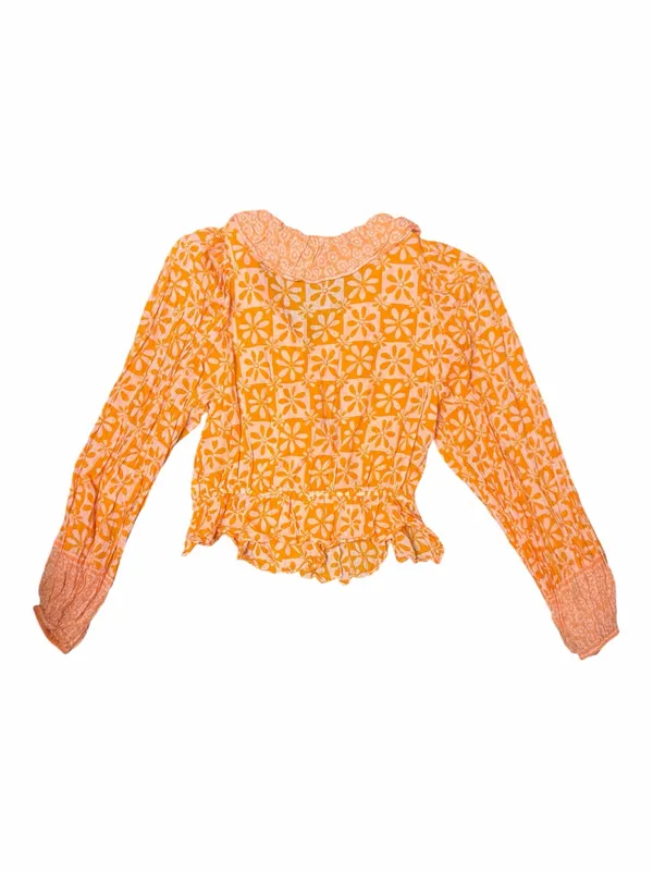 Free People 70s Retro Orange Pink Floral Ruffle Wrap Blouse Boho Peplum Top L - Image 5