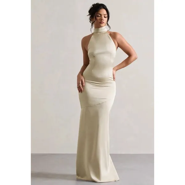 Club L London Adoria Champagne Satin High-Neck Maxi Dress Size 6 - Image 3