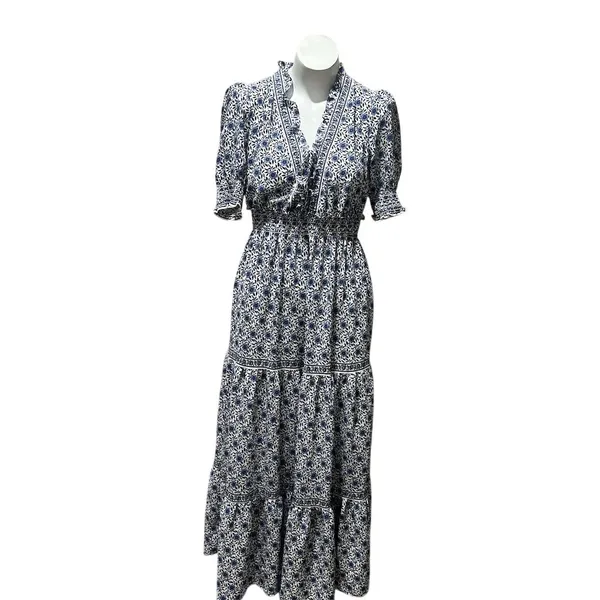 Max Studio Women's XS Blue Floral Maxi Dress Boho Chic 3/4 Sleeve - Image 7