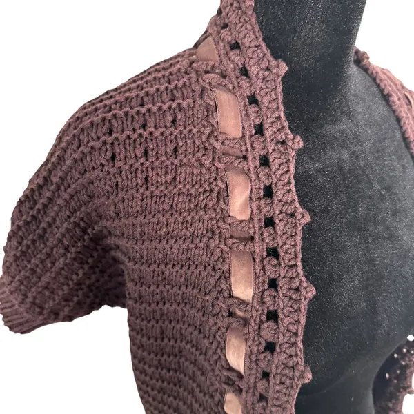 Brown Crochet Knit Shrug‎ Bolero Open Cardigan Size XS Indie Layering BOHO - Image 6