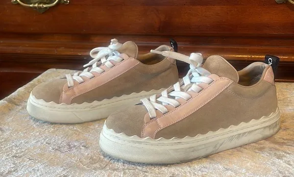 Lauren Leather Beige Blush Pink Scalloped Stacked Sneakers VGUC 6 / EUR 36 - Image 2