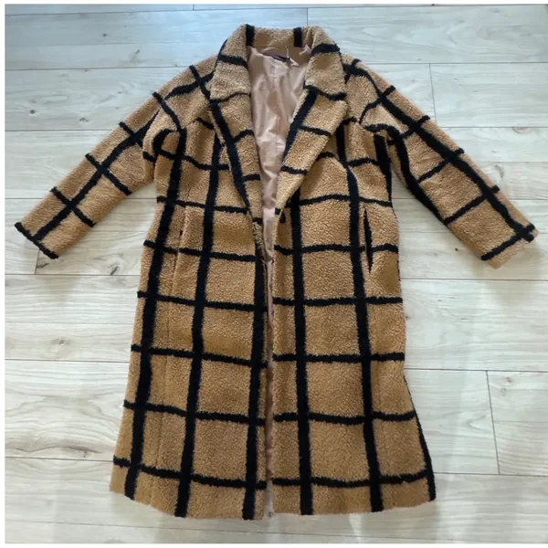 Lavish Lice Camel Oversized Check Boyfriend Windowpane Teddy Coat US 8 UK 12 - Image 2