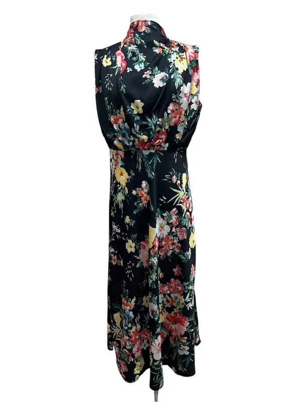 Maurices Black Floral Funnel Neck Satin Midi Dress Size Medium - Image 3