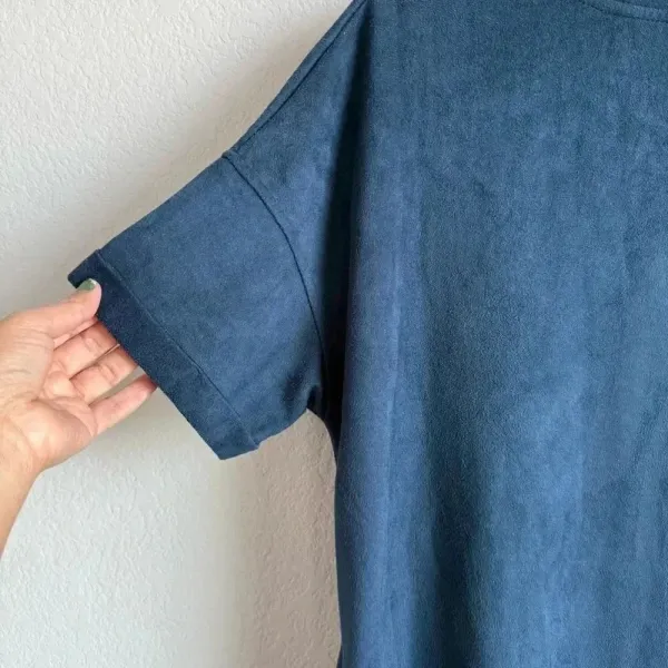 Wishlist Women’s Faux Suede Stretch Short Sleeve Pockets Navy Mini‎ Dress Size M - Image 4