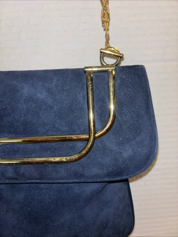 Sheldon Original..Vintage Navy Blue Suede With Gold Toned Crossbody Chain - Image 7