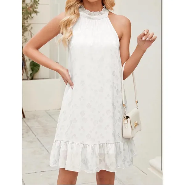 NEW White Floral Sleeveless Halter Dress Ruffle M - Image 6