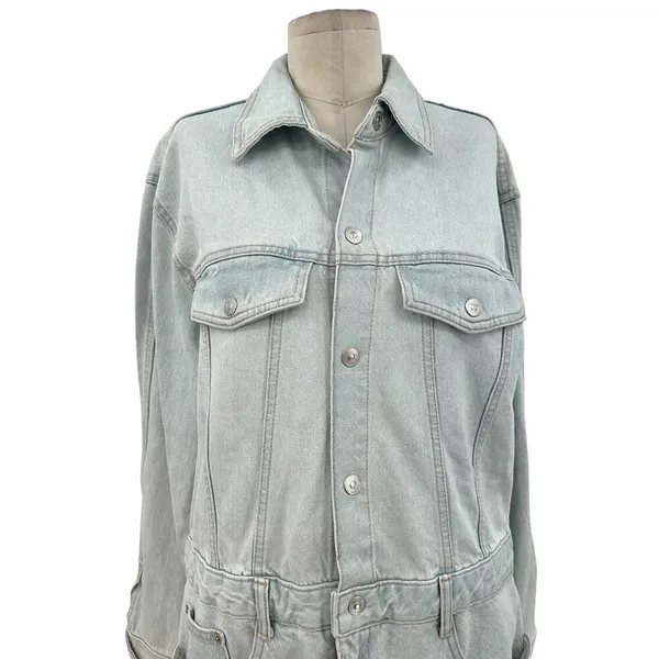 Zara Denim Short Mini Dress Light Wash Blue Long Sleeves Coverall Size Large‎ - Image 4