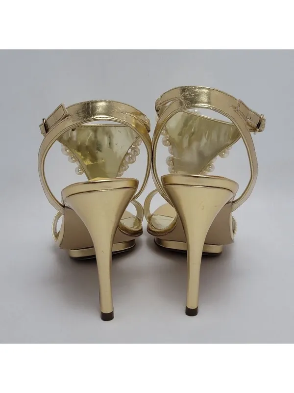 Alisha Hill Heels Cluster Faux Pearl T-Strap Open-Toe Metallic Gold Sandal Sz 8M - Image 6