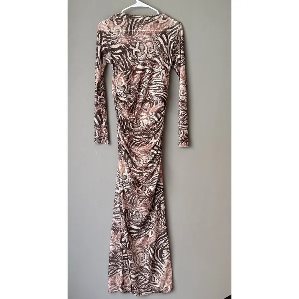 No Comment L‎ Brown Animal Print Mesh Ruched Bodycon Maxi Dress Rave Festival - Image 7