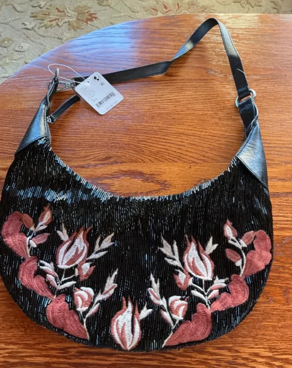Free People Bugle Bead Clutch/Sling Bag in Black Embroidered Combo NWT $128R - Image 11