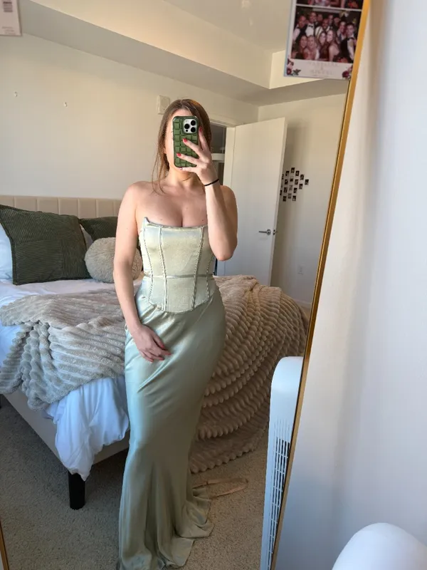 Meshki Dress - Satin Strapless Maxi Dress - Sage - Image 4
