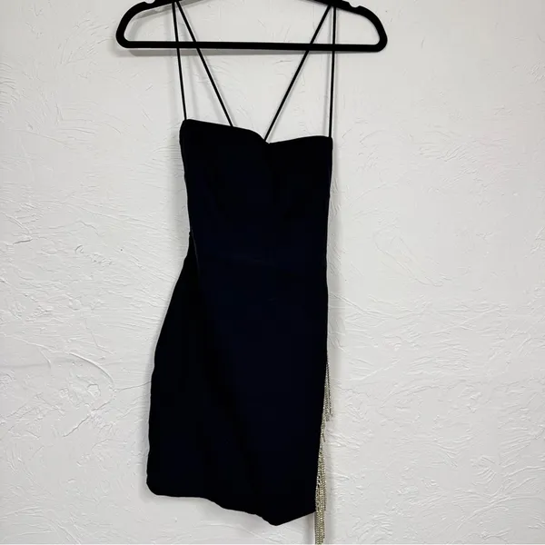 White Fox Boutique Black Rhinestone Draped Mini Dress Womens M Party Cocktail - Image 2
