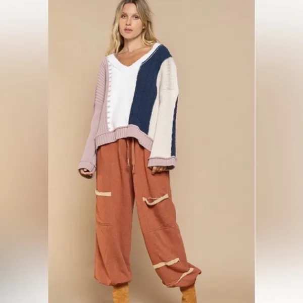 POL V-Neck Color Block Chunky Knitted Sweater Women’s‎ Size M - Image 5