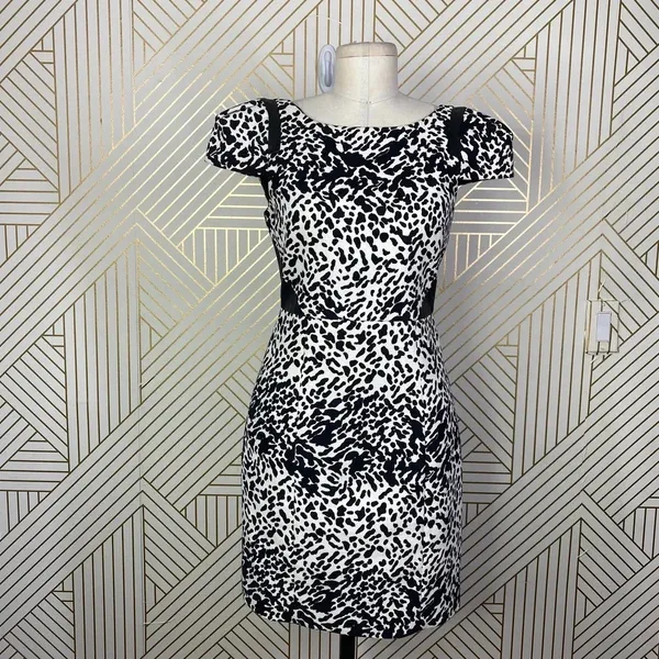 Tibi Animal Print Leather Panel Dress Black Cream Size‎ US 2 - Image 3