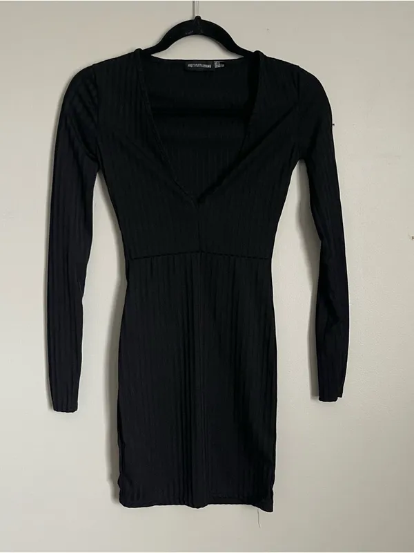 PRETTYLITTLETHING | Black Long Sleeve Striped V-Neck Mini Dress Sz 2 - Image 2