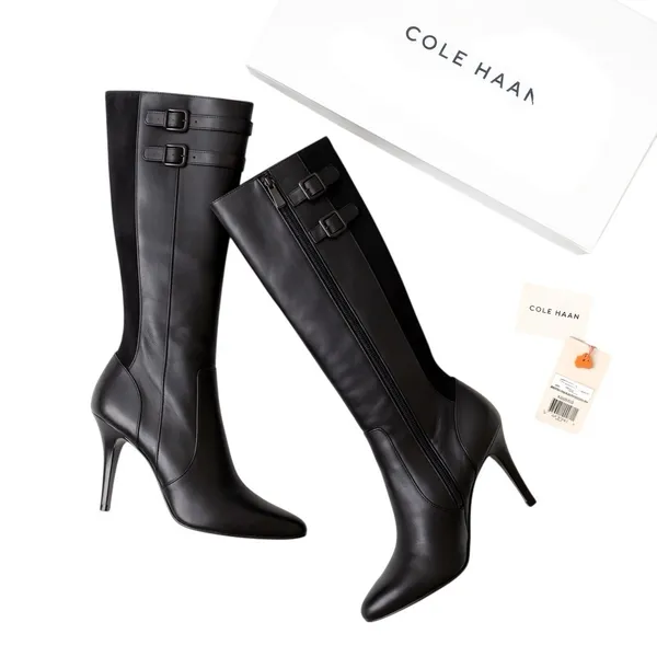 Cole Haan Poppy Bit Tall Black Leather Heeled Boots Size 6B NIB Classic Luxe NEW - Image 4