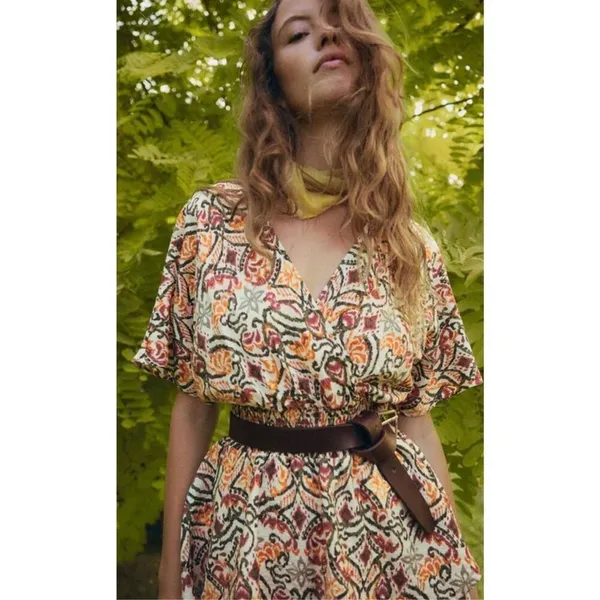 Zara AOP Ikat Print Tiered Elastic Waist Dress Tan Green Tribal MEDIUM Boho Chic - Image 2