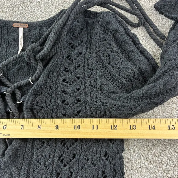 Free People Black Lace Up Crochet Knit Sweater Tunic Size‎ XS Casual Goth Moto - Image 7