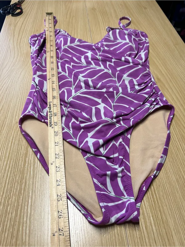 Garnet Hill Purple Tropical Leaf Ruched One Piece Swimsuit Size 6 - Image 12