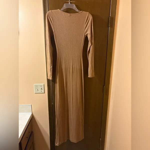 Skims Soft Lounge Shimmer Long Sleeve Maxi Dress in Camel - Image 5
