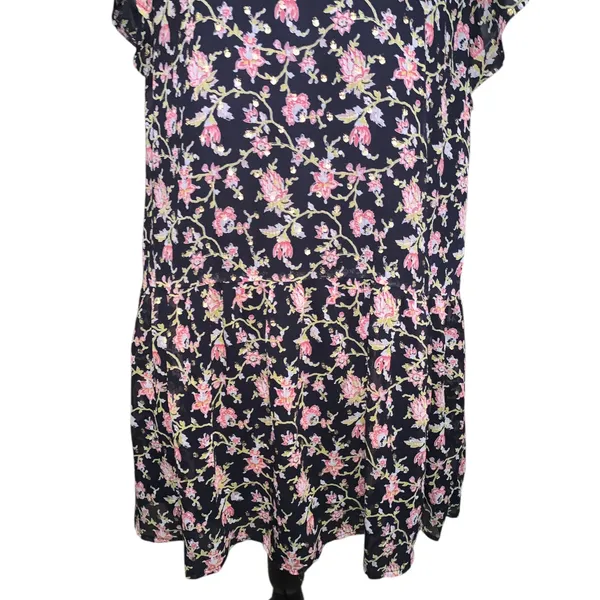 LOFT Dress Black Floral Drop Waist Ruffle Neck Gold Embroidered Polka Dot - Image 4