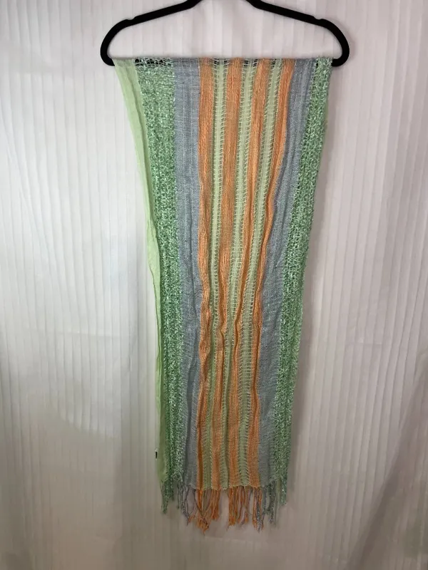 Charming Charlie Pastel Striped Knit Scarf Green Gray Peach Fringe Lightweight - Image 6