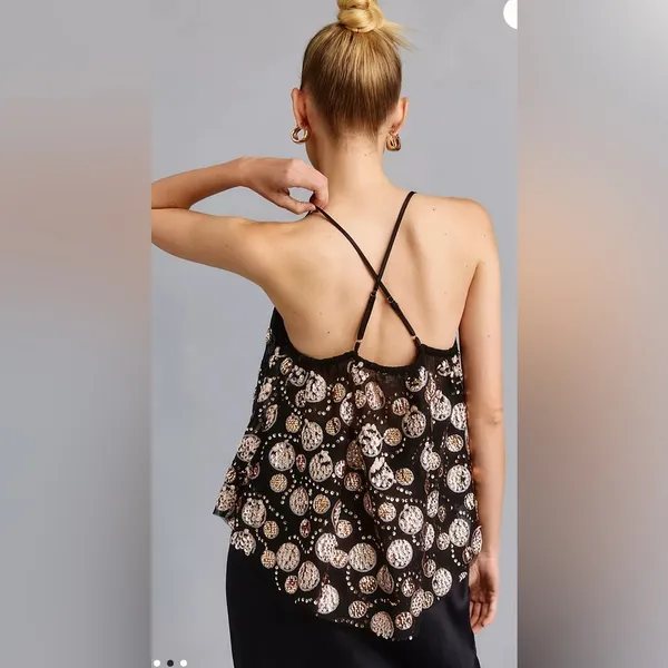 Anthropologie Let Me Be Embellished Tank top sequence M black gold new NWT - Image 2