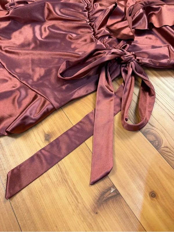 GeeGee Satin Faux Wrap Ruffle Mini Dress Mauve Rose Size Large - Image 3