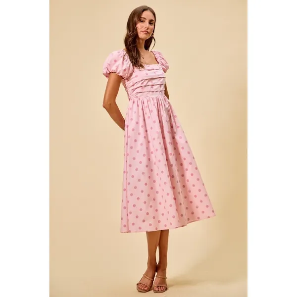 SO ME Polka Cotton Print Short Sleeves Midi Dress - Pink - Large - Image 2