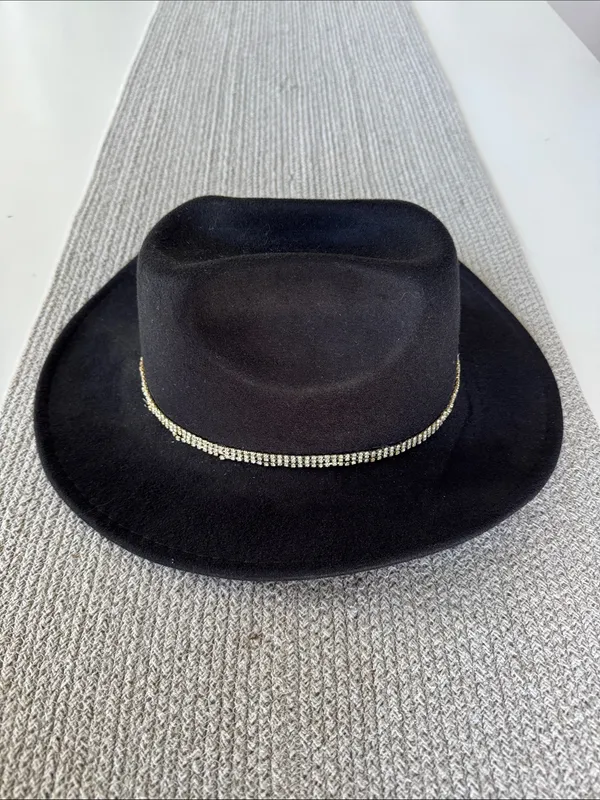 Source Unknown Black Felt Cowboy Hat w Tripe Row Rhinestone Crystal Band - Image 2