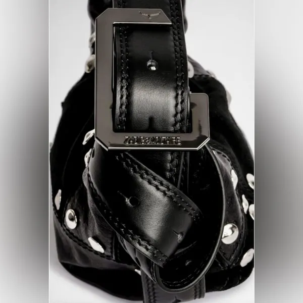 Zadig & Voltaire Black Leather Le Cecilia Patchwork Silver Studded Shoulder Bag - Image 4