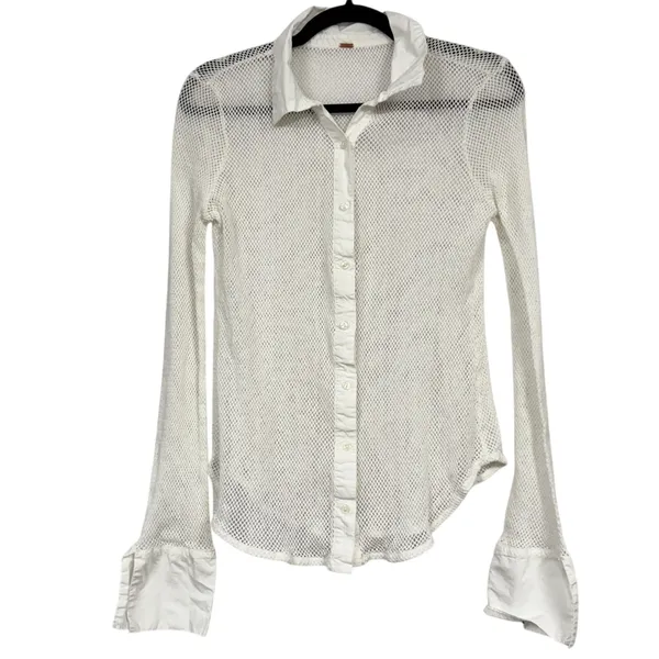Free People White Crochet Long Sleeve Blouse Womens S Festival Boho Sheer Beachy - Image 2
