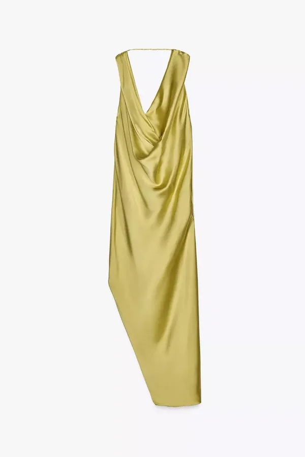 Zara maxi dress zwcollection satin flowy Sleeveless Lime evening party wedding - Image 9