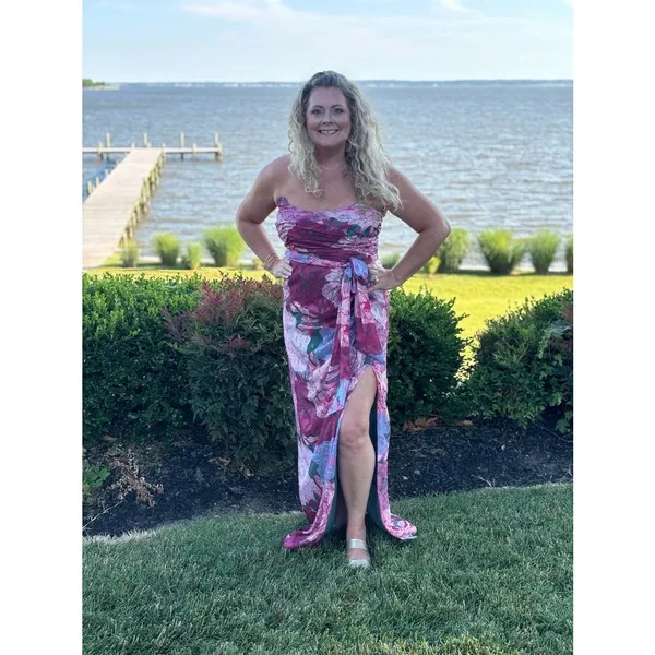 HUTCH Purple Pink Floral Drape Front Strapless Julietta Maxi Gown size 4 - Image 6