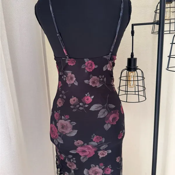 Motel Rocks Black Floral Lace Trim Mini Dress XS Goth Slip Y2K - Image 6