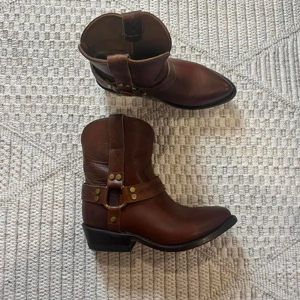 Frye Billy Short Leather Harness Booties in Saddle - Image 2