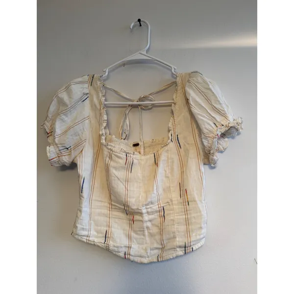 Free People Ivory Multicolor‎ Striped Smocked Puff Sleeve Crop Top XS - Image 3