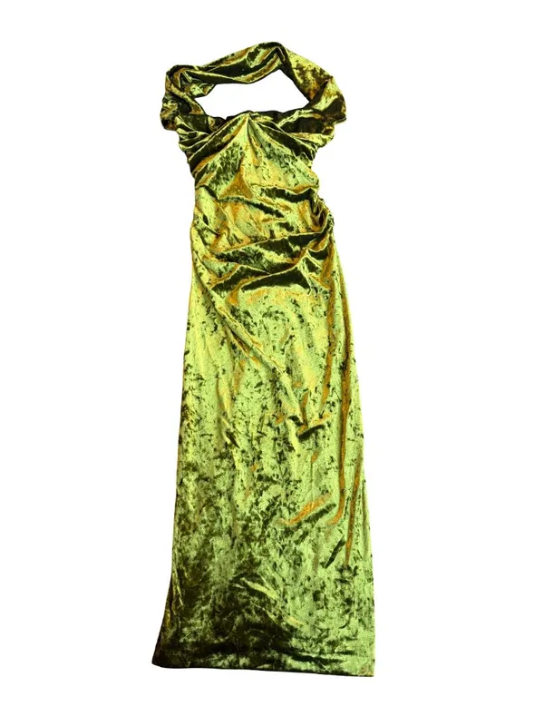 Zara Bold Green Strapless Crushed Velvet Dress Neck Strap Midi Size Medium Women - Image 2