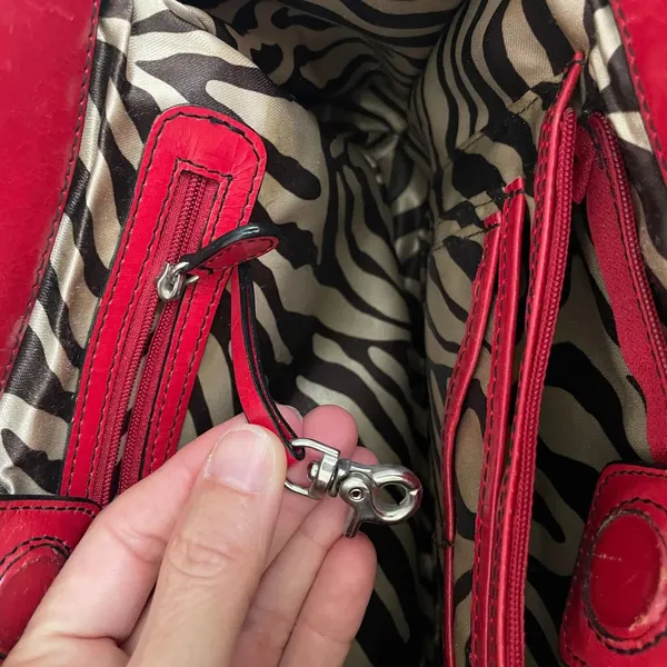 Kate Landry Red Leather Shoulder Bag Zebra Print Lining‎ Multi Compartment Tote - Image 6