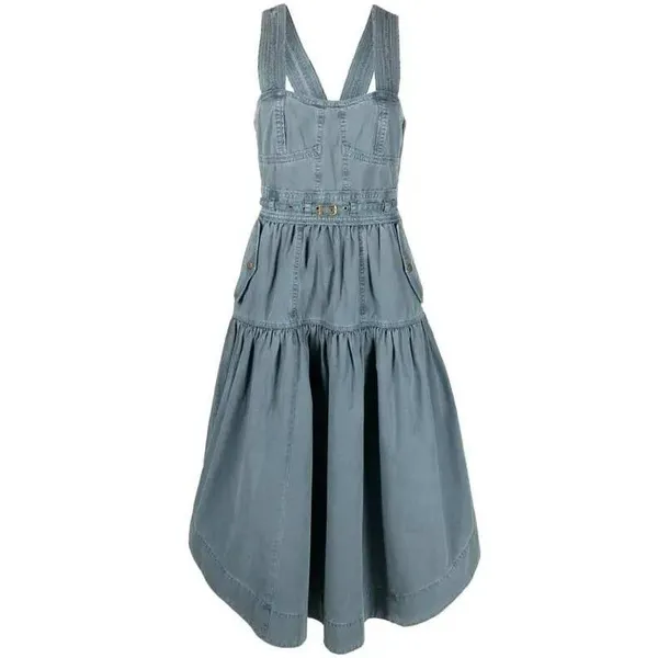 Ulla‎ Johnson Enzo Denim Dress Blue Cotton Tiered Midi Sweetheart Neck Size 4 - Image 14