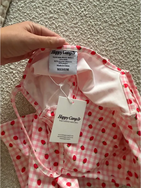 Happy Camper Pink checkered active romper with strawberries Size undefined - Image 8
