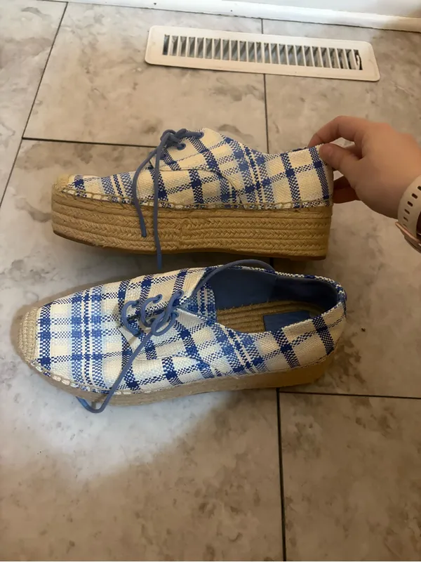 Tory Burch Florence Plaid Platform Espadrilles in Blue & White Jute - Image 9