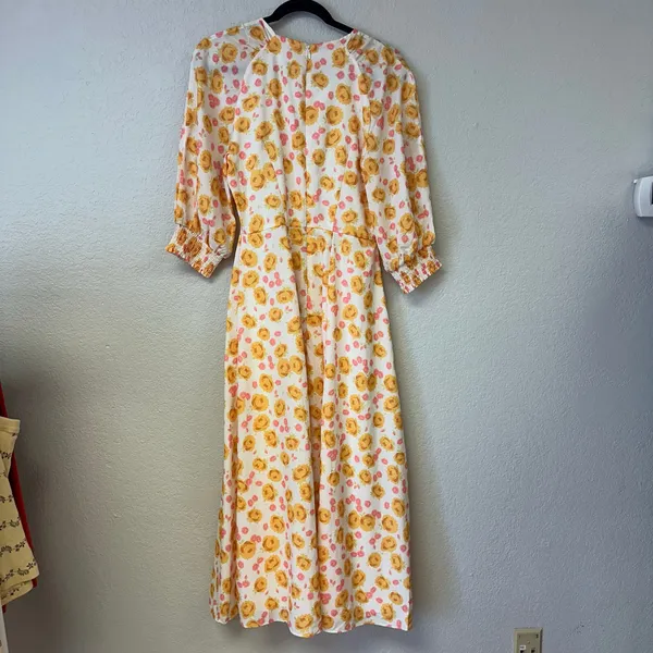 Keepsake Yellow Pink Floral Short Sleeve Midi Dress Size Medium - Image 5
