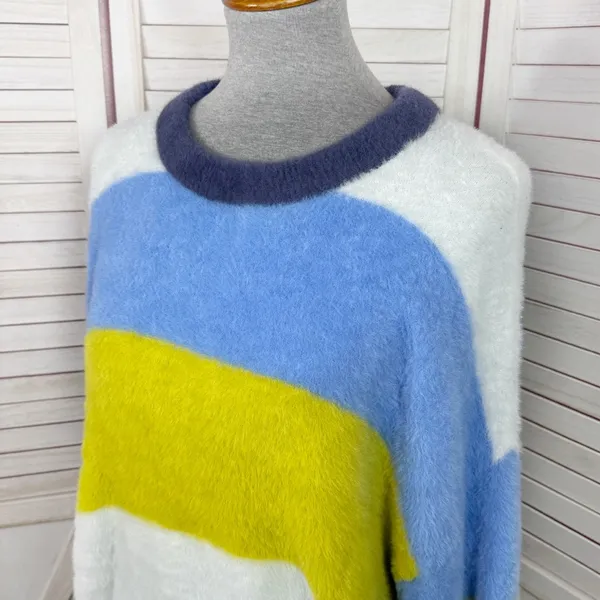 Aerie Flurry Rugby Stripes Fuzzy Oversized Crew Neck Sweater Blue Green Medium‎ - Image 8