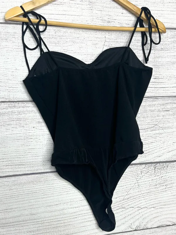 Lulu's Black Bustier Structured Cup Sweetheart Shoulder Tie Bodysuit Size Medium - Image 6