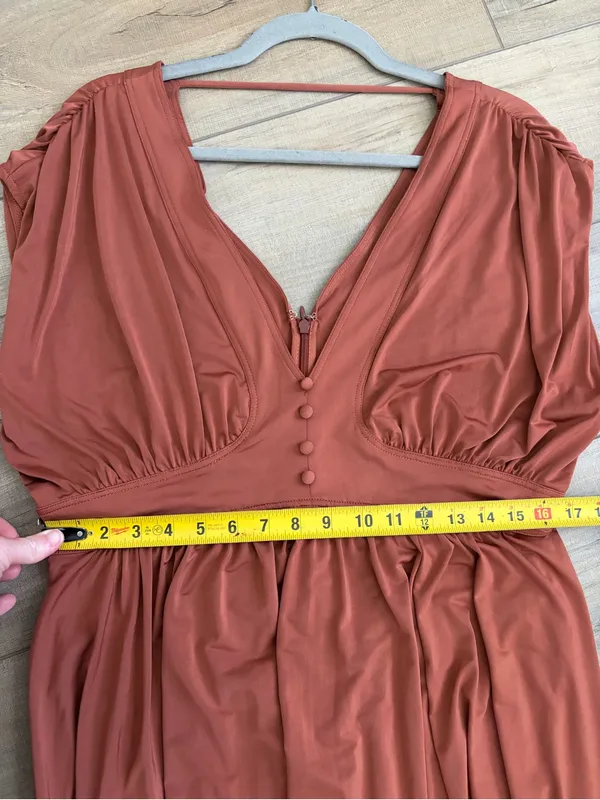 Anthropologie Sleeveless V Neck A Line Midi Boho Fall Cottagecore Dress Brown L - Image 11
