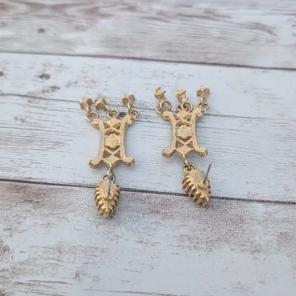 Vintage Earrings for Pierced Ears Ornate Gold Tone & Clear Gem Statement Dangle - Image 3