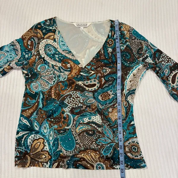Uniform John Paul Richard Blue Brown Paisley Sequins Y2K Euro V-Neck Babydoll L - Image 10